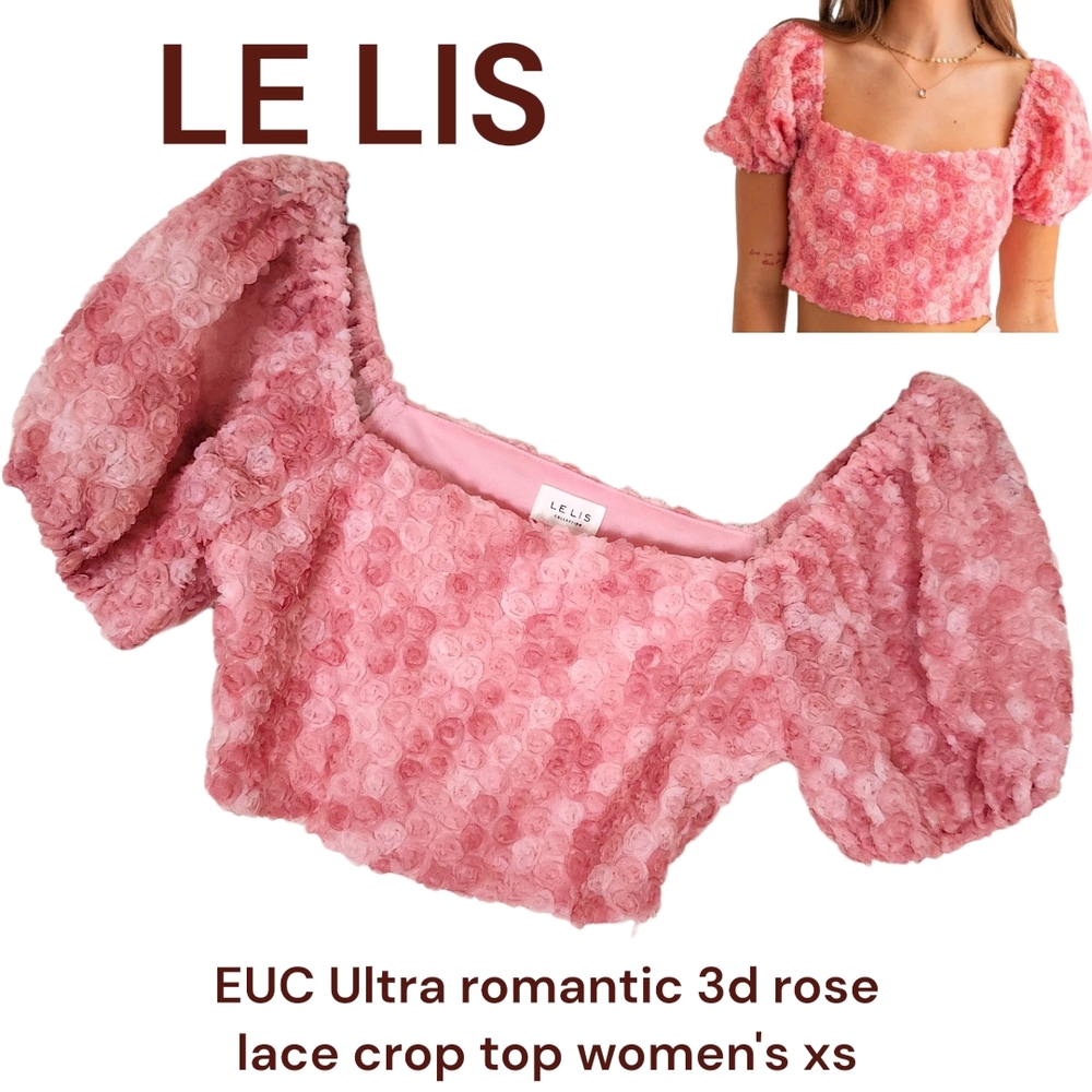 Le Lis Collection Mult Tone Pink 3d Rose Tulle Crop Top Puff Sleeves Women's xs